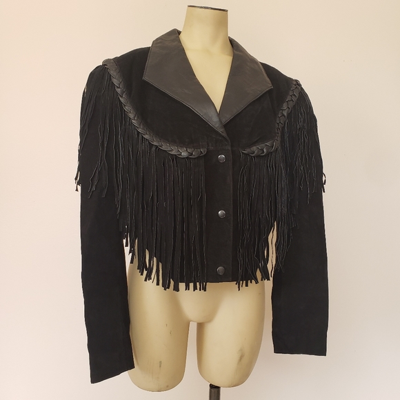 Black Suede and Leather Fringe Jacket - Picture 10 of 13